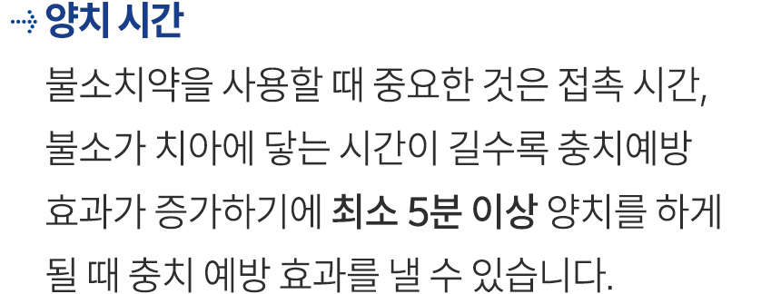 양치 방법. 불소치약을 사용할 때 중요한 것은 접촉 시간, 불소가 치아에 닿는 시간이 길수록 충치예방 효과가 증가하기에 최소 5분 이상 양치를 하게 될 때 충치 예방 효과를 낼 수 있습니다.